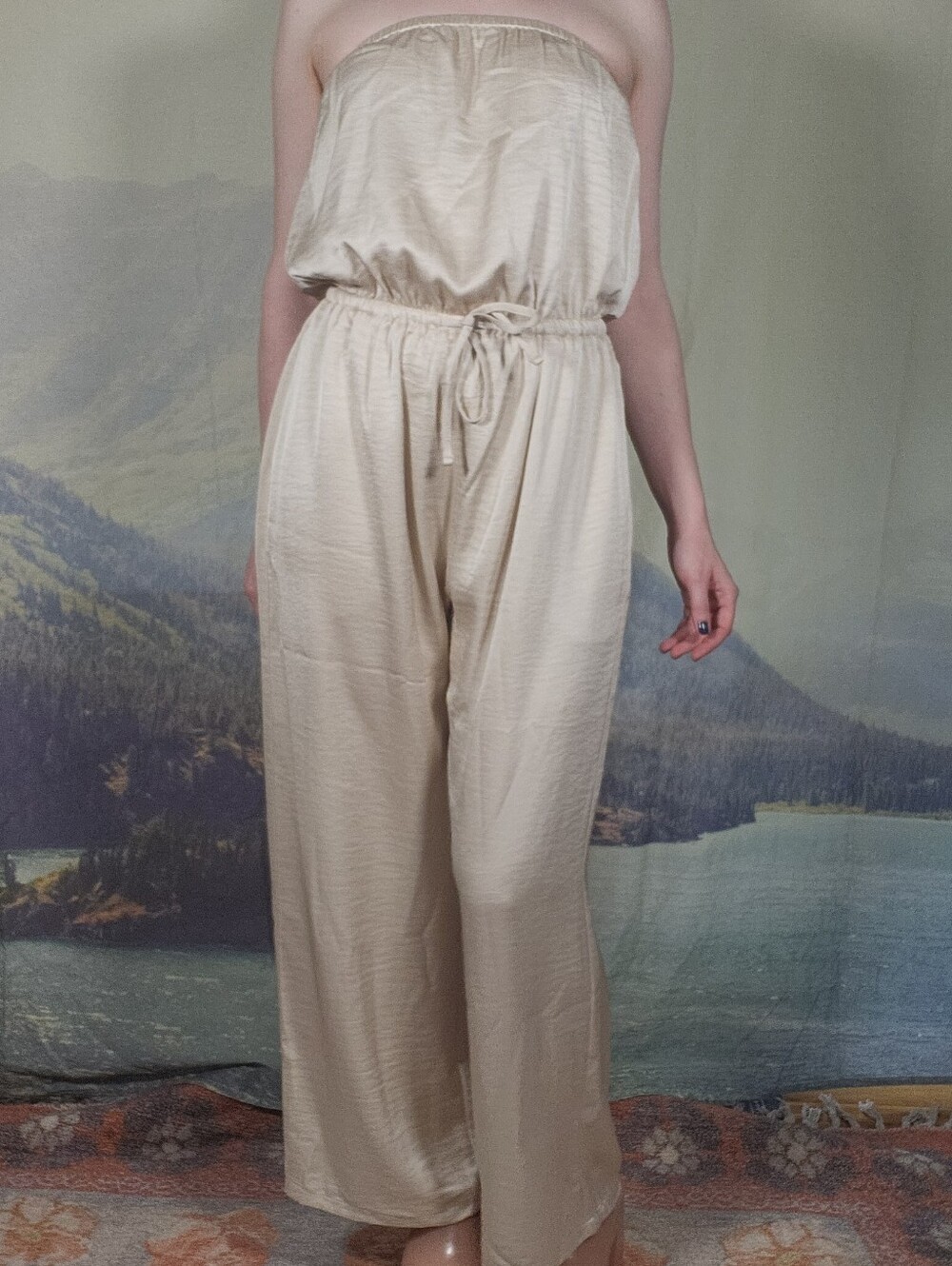 Express Pearl Ivory Satin Strapless Jumpsuit Small